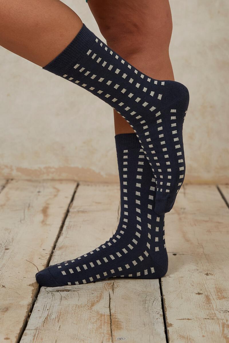 Chaussettes à motifs en coton bio - square pattern socks navy