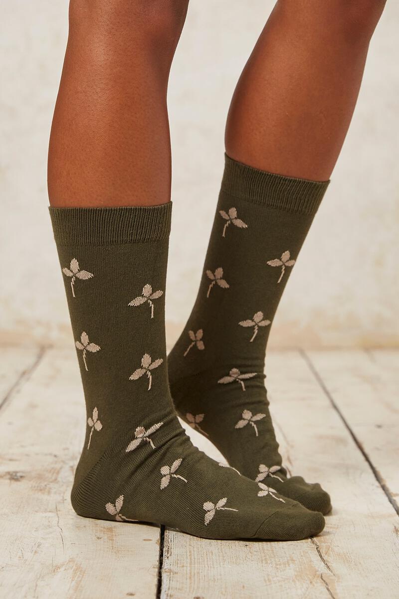 Chaussettes à motifs en coton bio - leaf pattern socks khaki