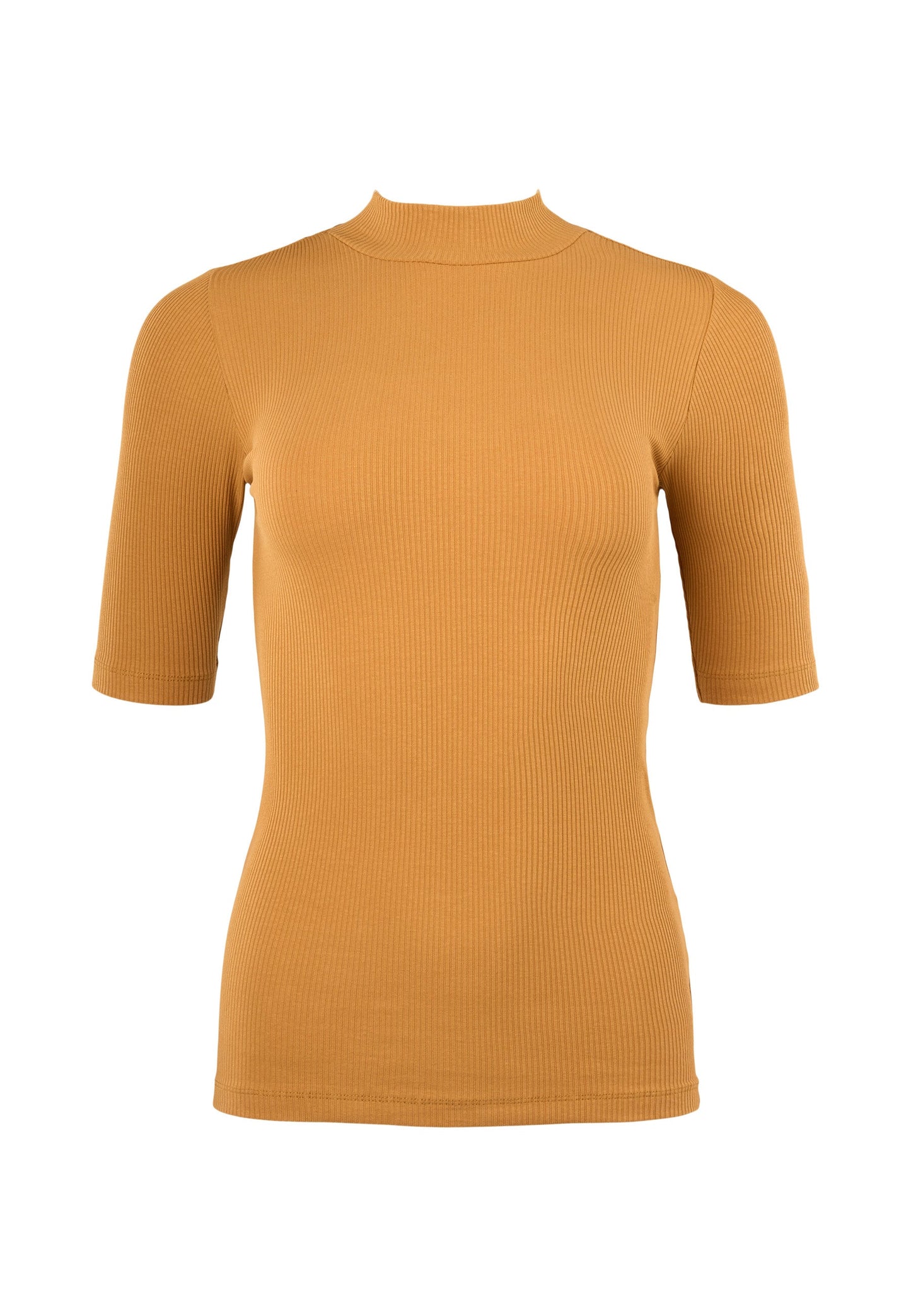 T-shirt col cheminée en coton bio | Jaune moutarde "rib high neck short sleeved brown sugar"