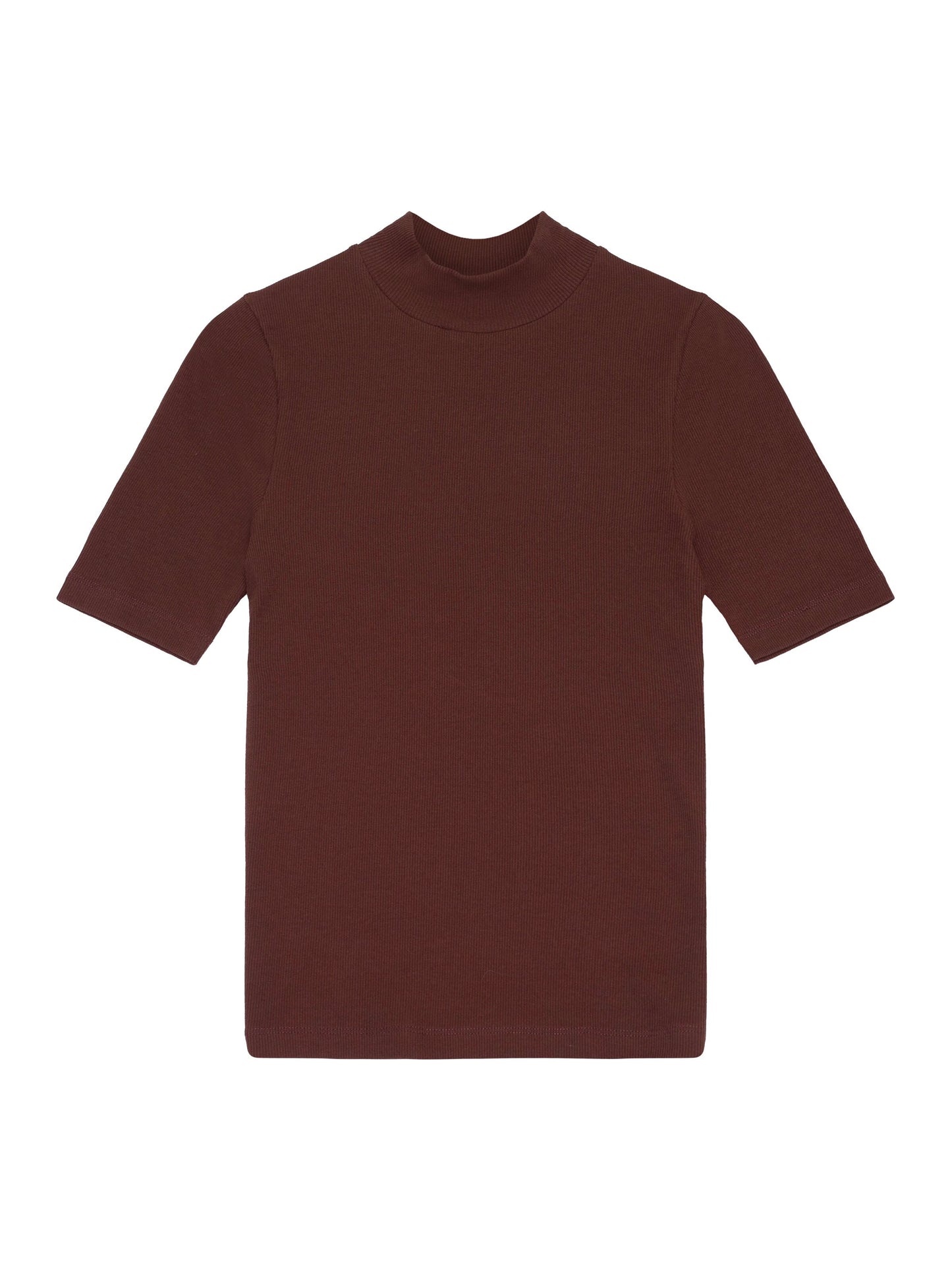 T-shirt col cheminée en coton bio | Acajou "rib high neck short sleeved deep mahogany"