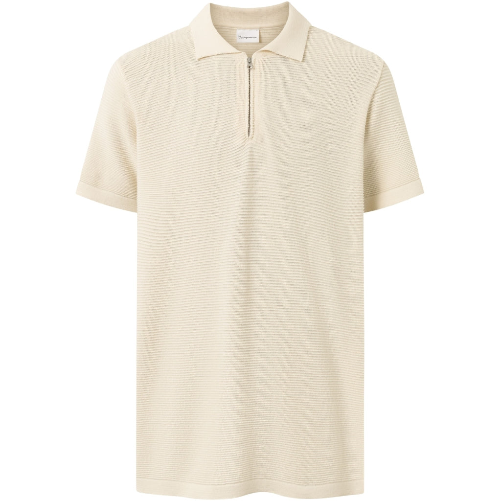 Polo zippé beige en maille de coton bio - polo zipper knit egret