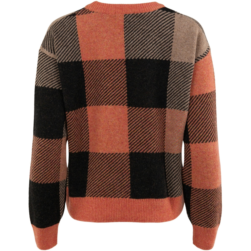 Pull à carreaux rouille et noir en laine bio - boxy pixel check autumn leaf