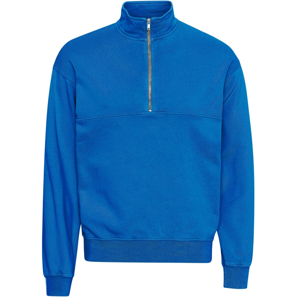 Sweat camionneur mixte col zippé bleu klein en coton bio - pacific blue
