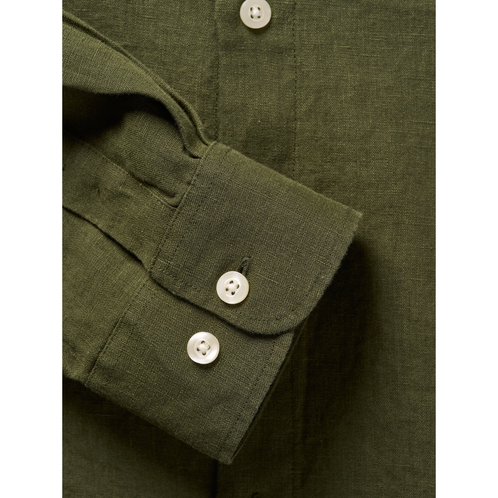 Chemise olive col mao en lin bio - custom fit linen shirt burned olive