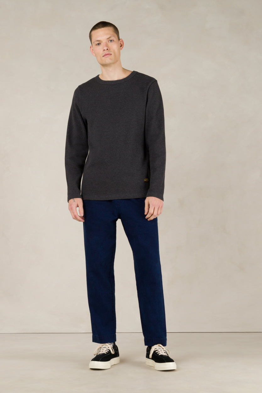 Pantalon droit en coton bio | Chevron bleu indigo "martin indigo herringbone"