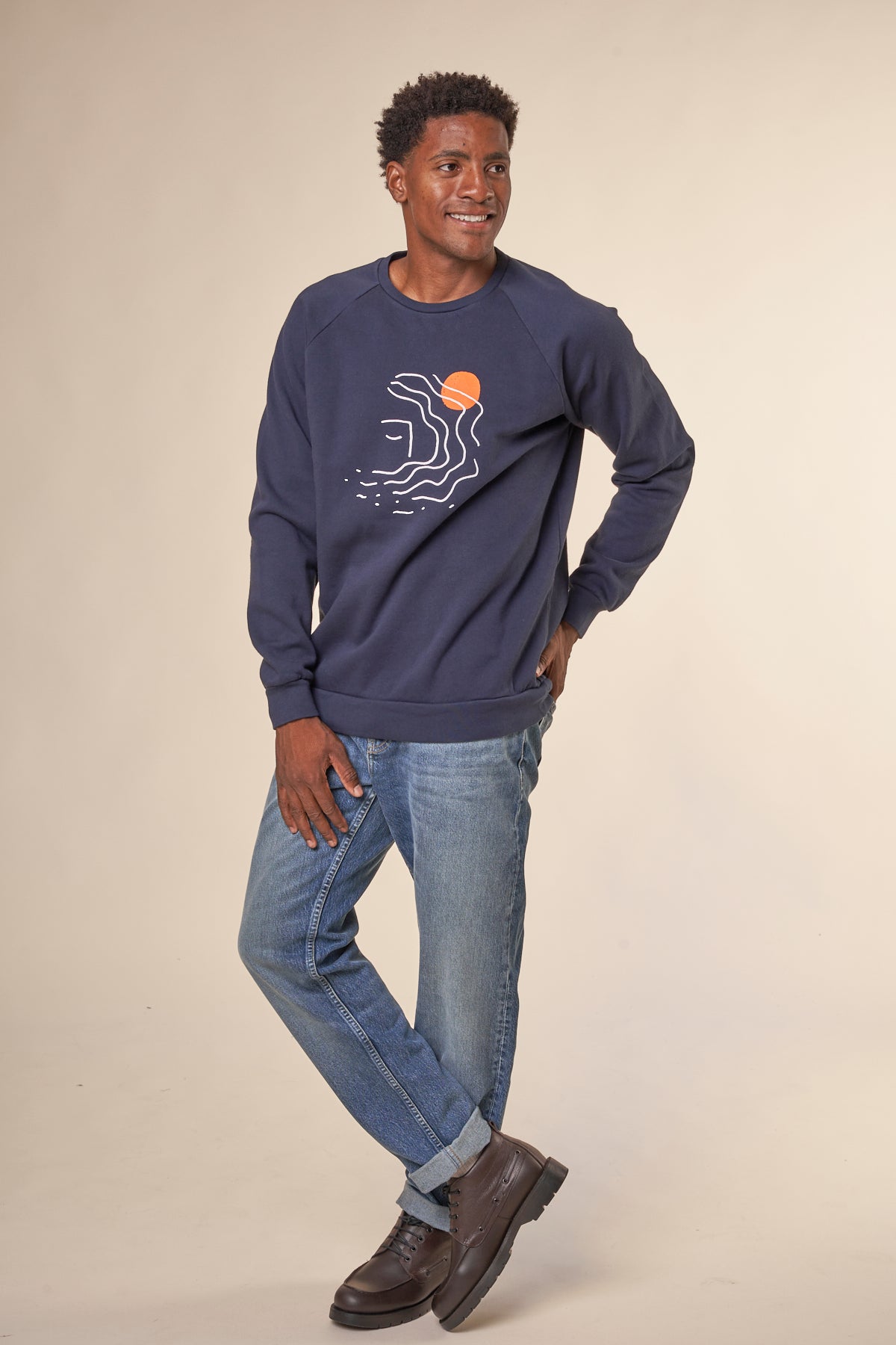 Sweat imprimé en coton bio | Marine "wavy face navy"