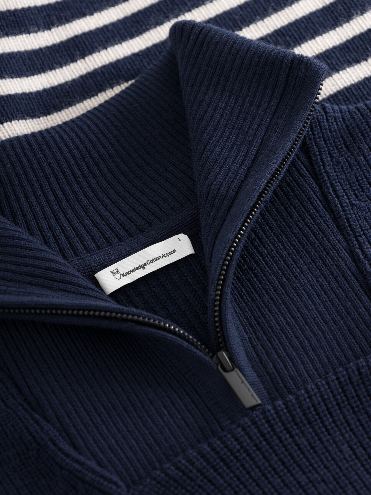 Pull col camionneur en laine bio | marine "1/2 neck zip merino wool rib knit blue stripe"