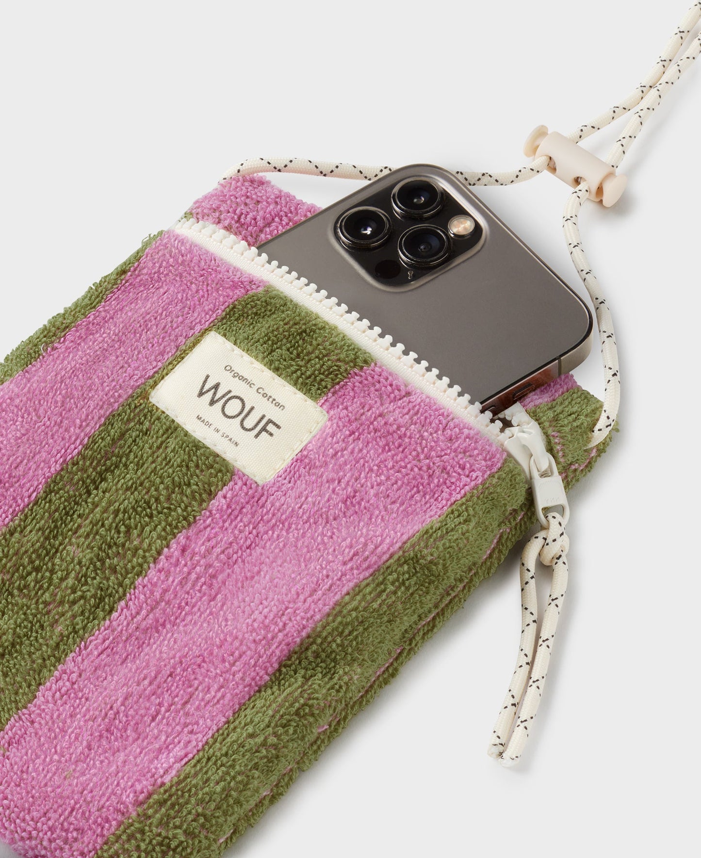 Pochette téléphone en coton éponge bio | Rayé rose et vert "menorca phone bag rayures"