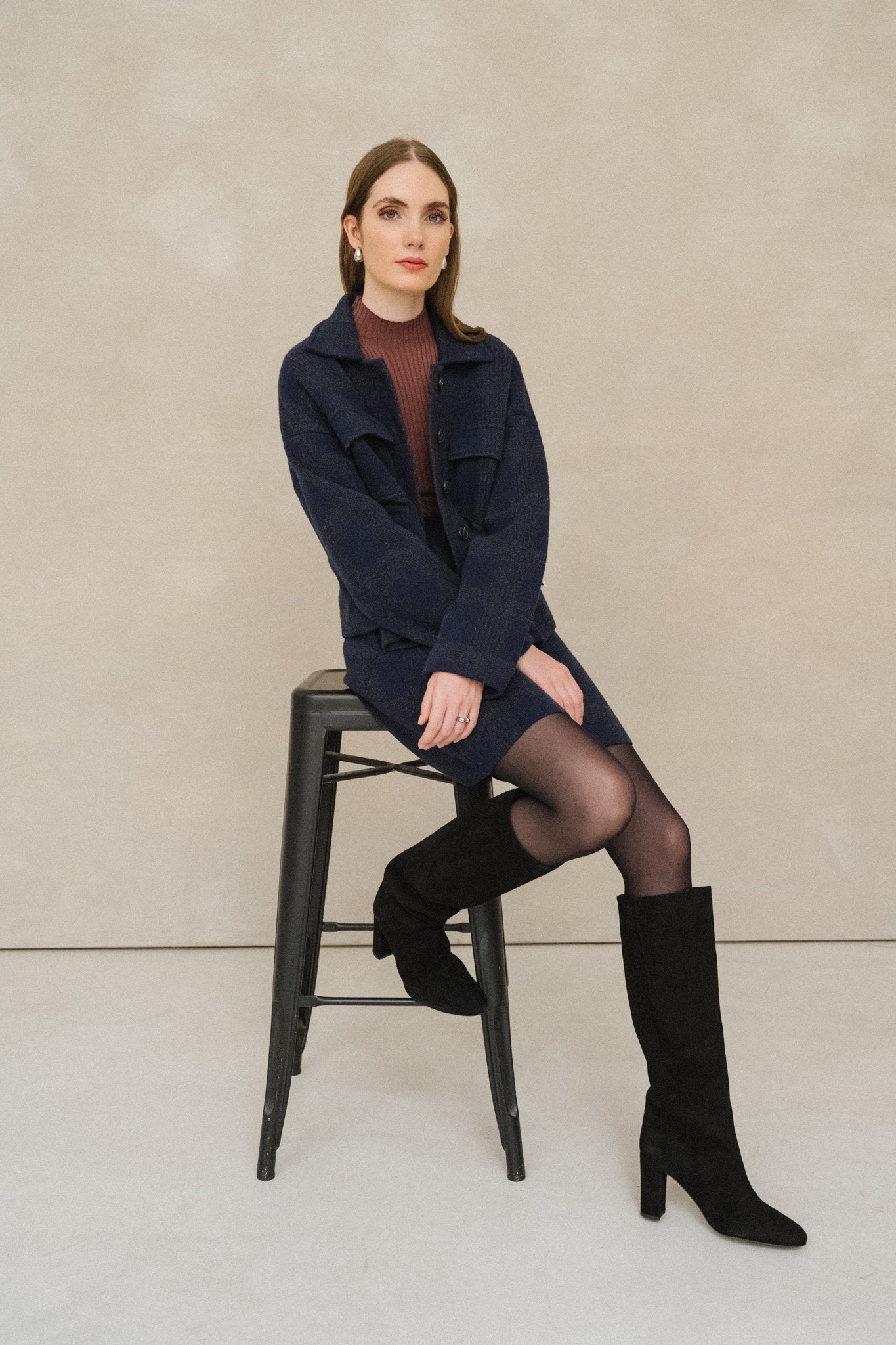 Veste en coton bio et laine | marine "joaalison check - night sky-steel melange"