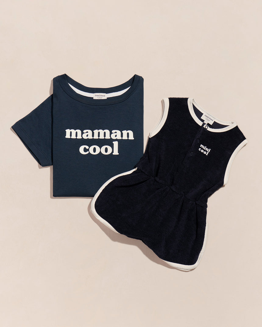 T-shirt côtelé en coton bio | Bleu nuit "maman cool charbon"