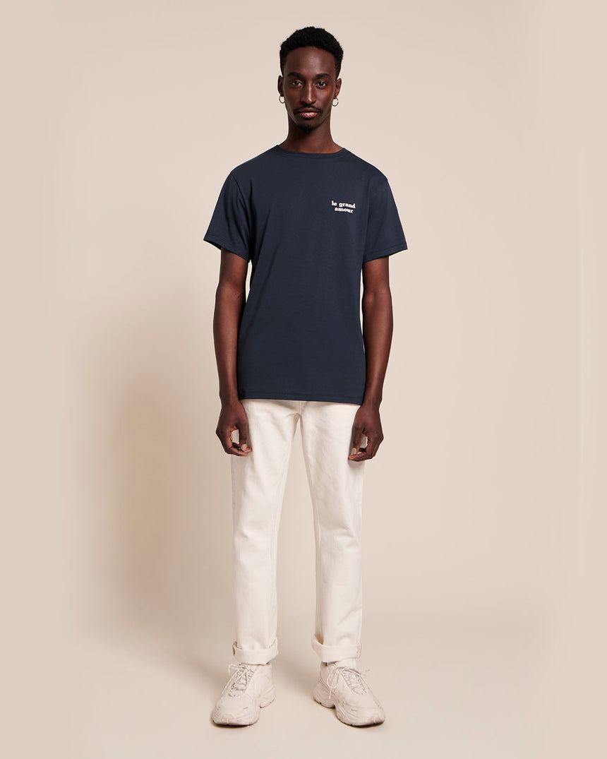 T-shirt brodé en coton bio | Bleu nuit "le grand amour homme charbon"
