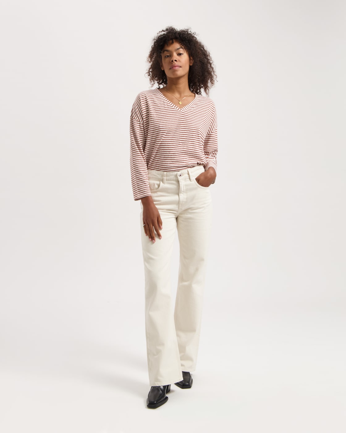 T-shirt manches longues en lin et coton bio | rayé "yulia tee - terra-off white"