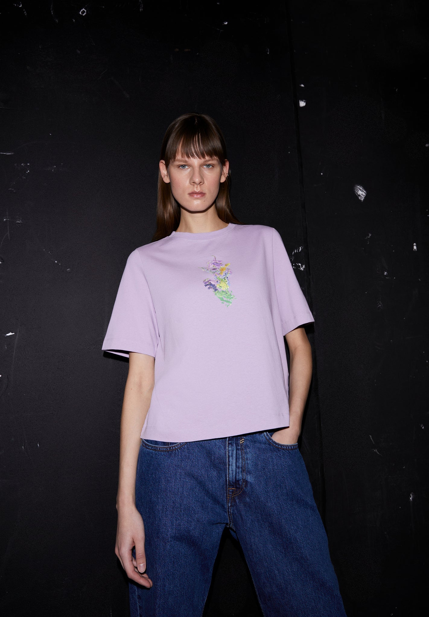T-shirt manches courtes en coton bio | Violet "layaa melted flower light purple stone"