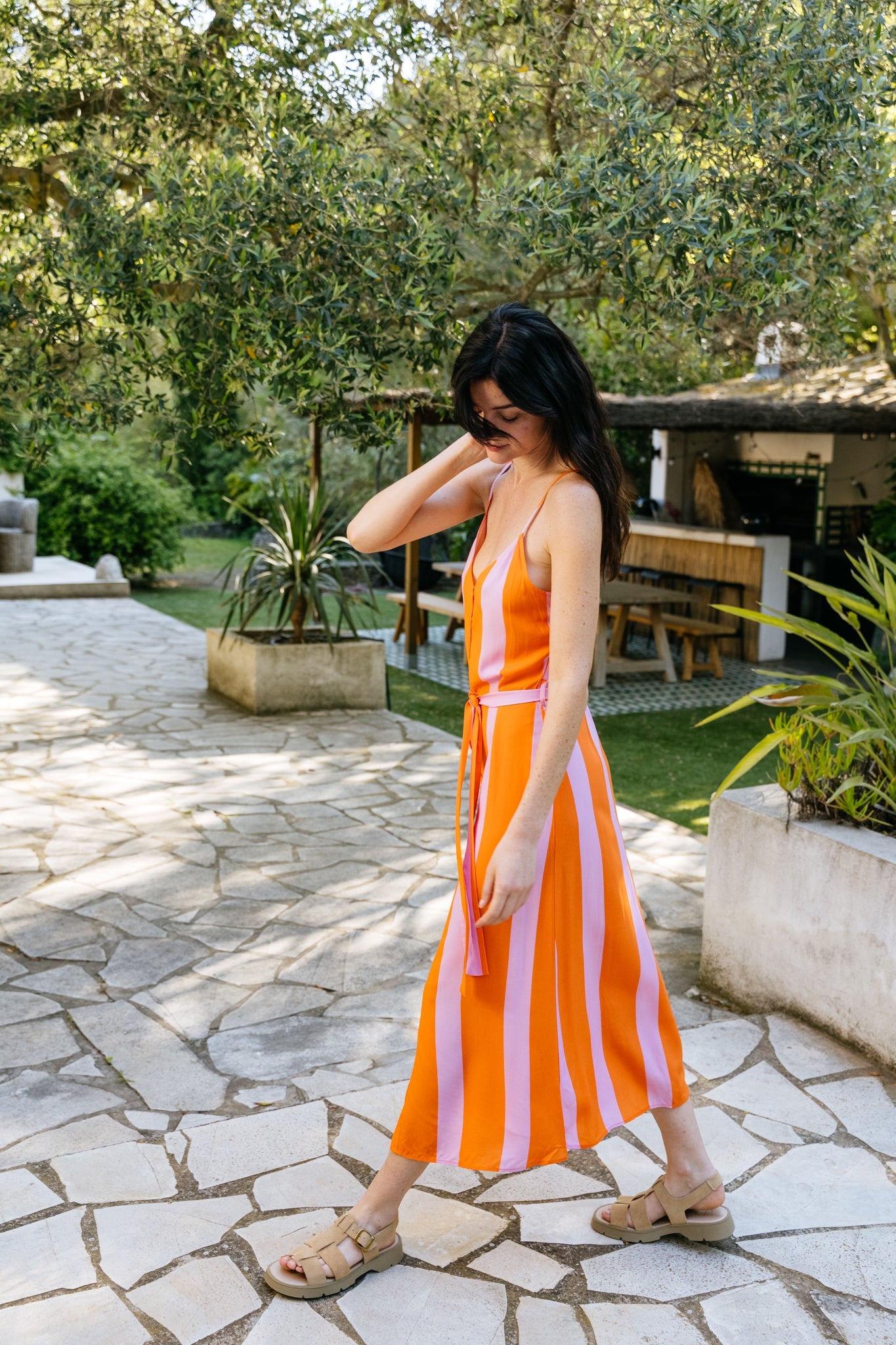 Robe longue en ecovero | Multicolore "color block strap dress orange"