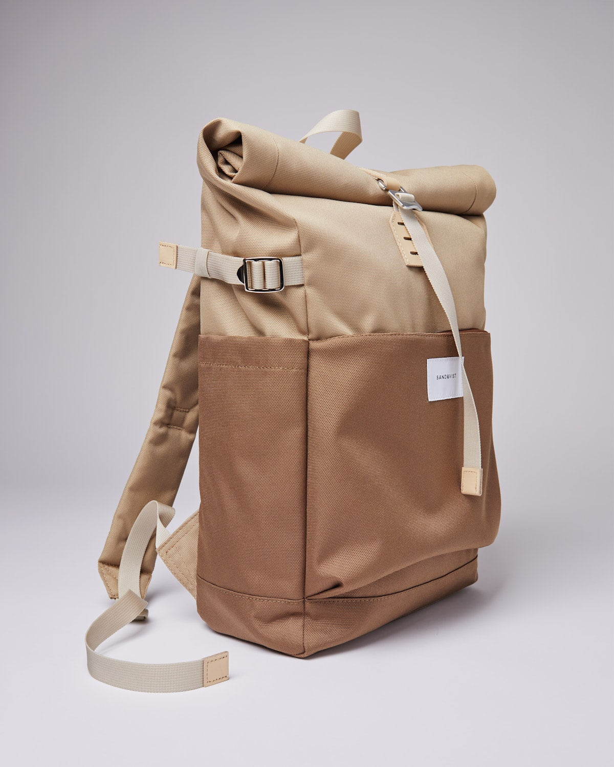 Sac à dos rolltop en matière recyclée | Marron et beige "ilon multi brown with natural leather"