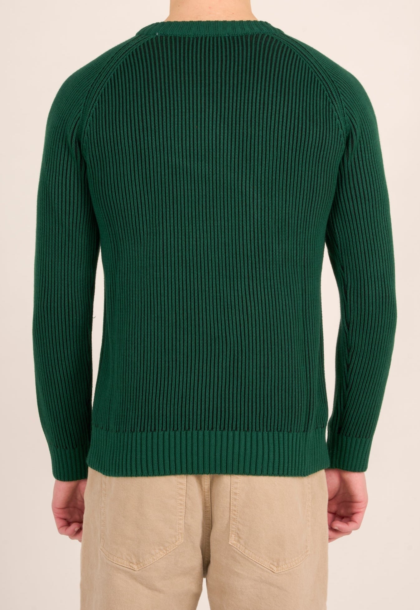 Pull bicolore vert foncé maille en coton bio - rib raglan crew neck knit trekking green