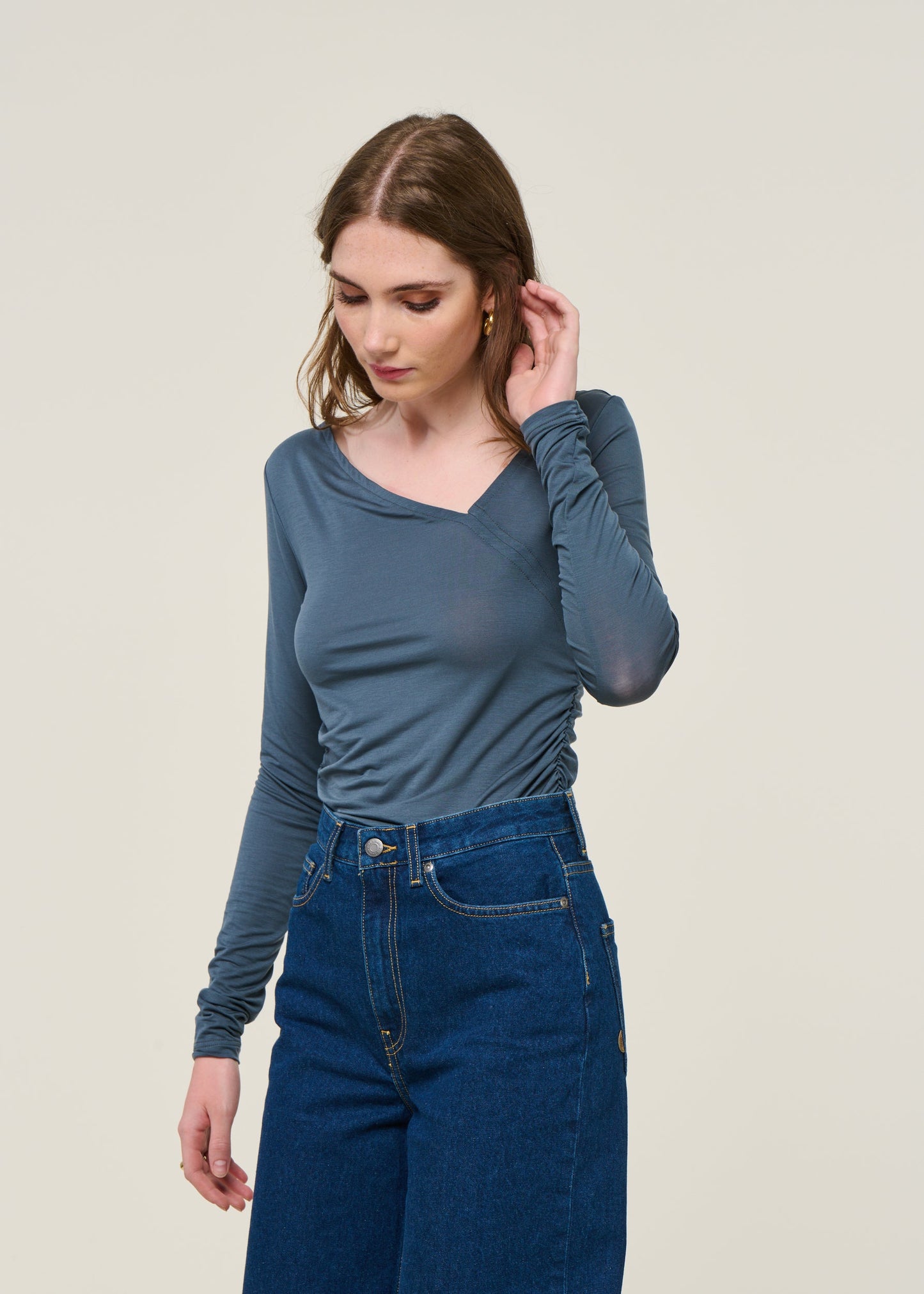 T-shirt manches longues en lyocell | bleu/ gris "casma - turbulence"
