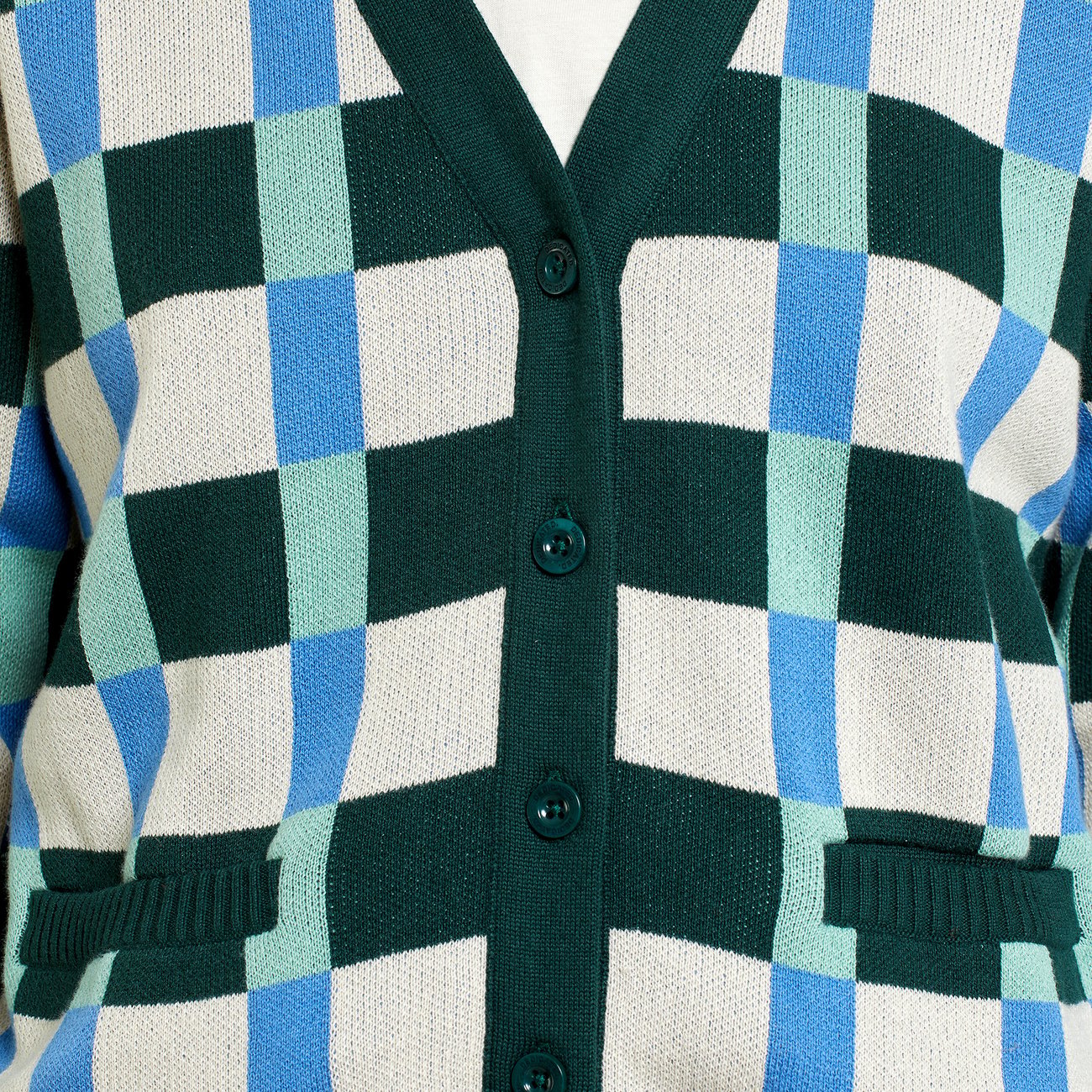 Gilet en tricot de coton bio | Jacquard "cardigan iggesund retro check dark green pine"