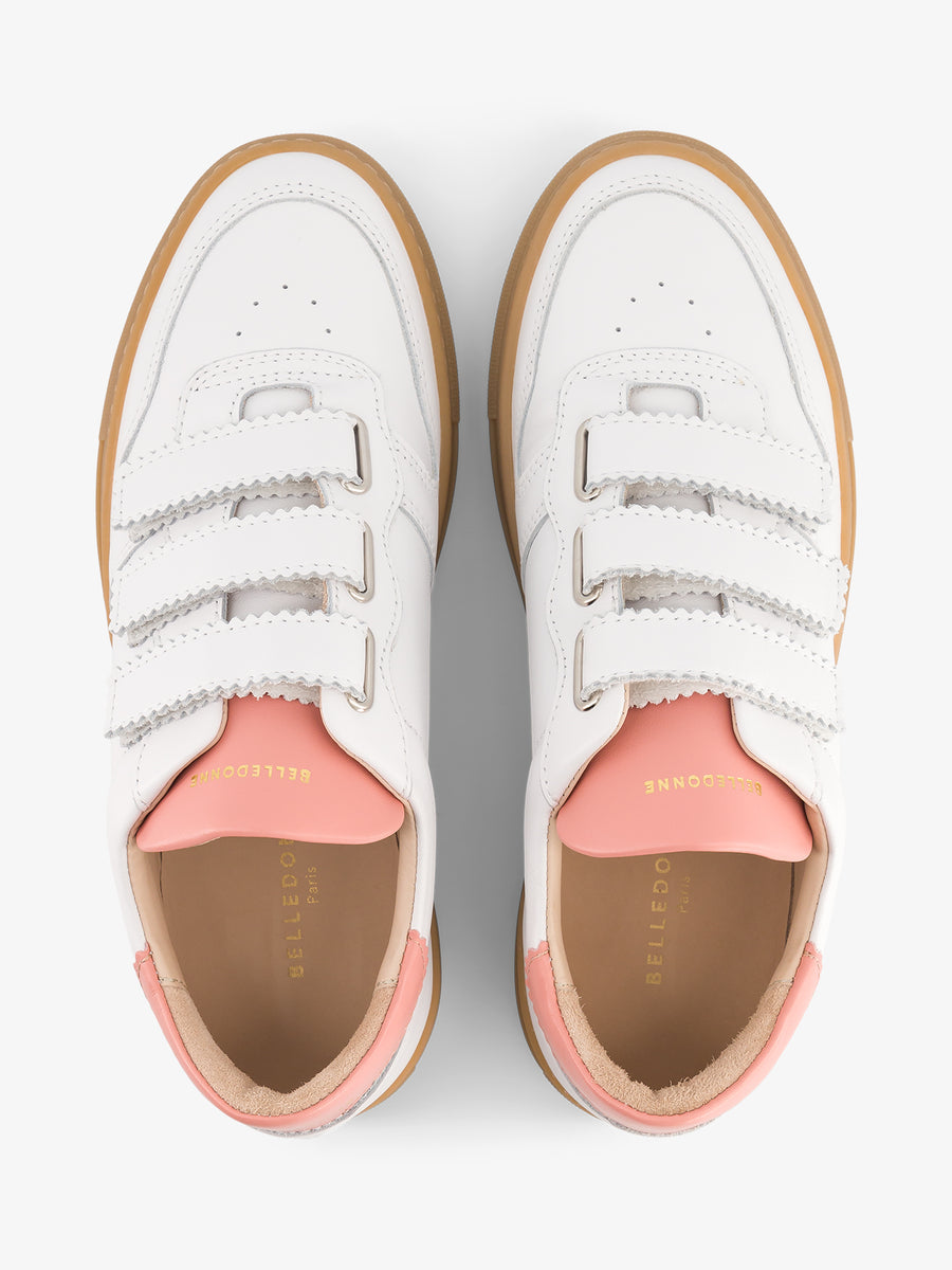 Baskets à scratch en cuir certifié | blanc et rose "b0 velcro gum sole white and pink"