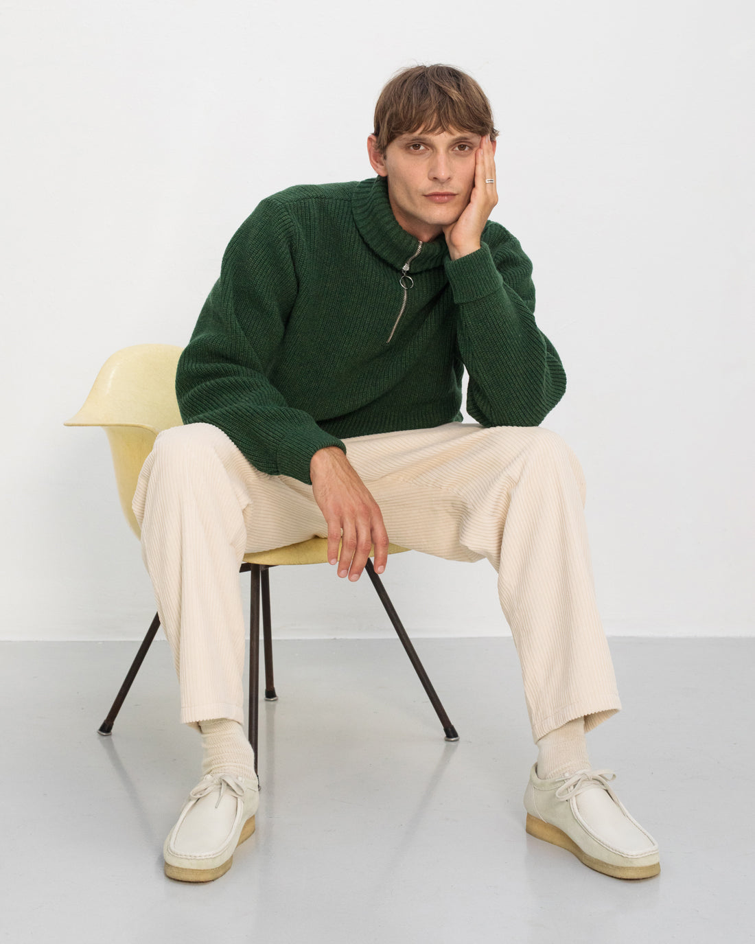 Pull maille col zippé en laine recyclée | vert "heavy knit troyer - moss green"