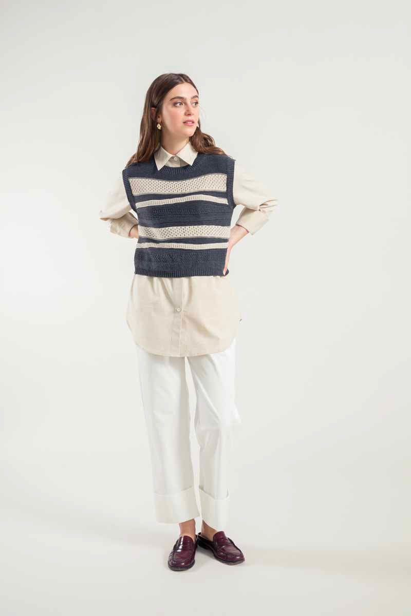 Pull sans manches en coton bio et recyclé | rayé gris "canotta cotone rigenerato cassandra"
