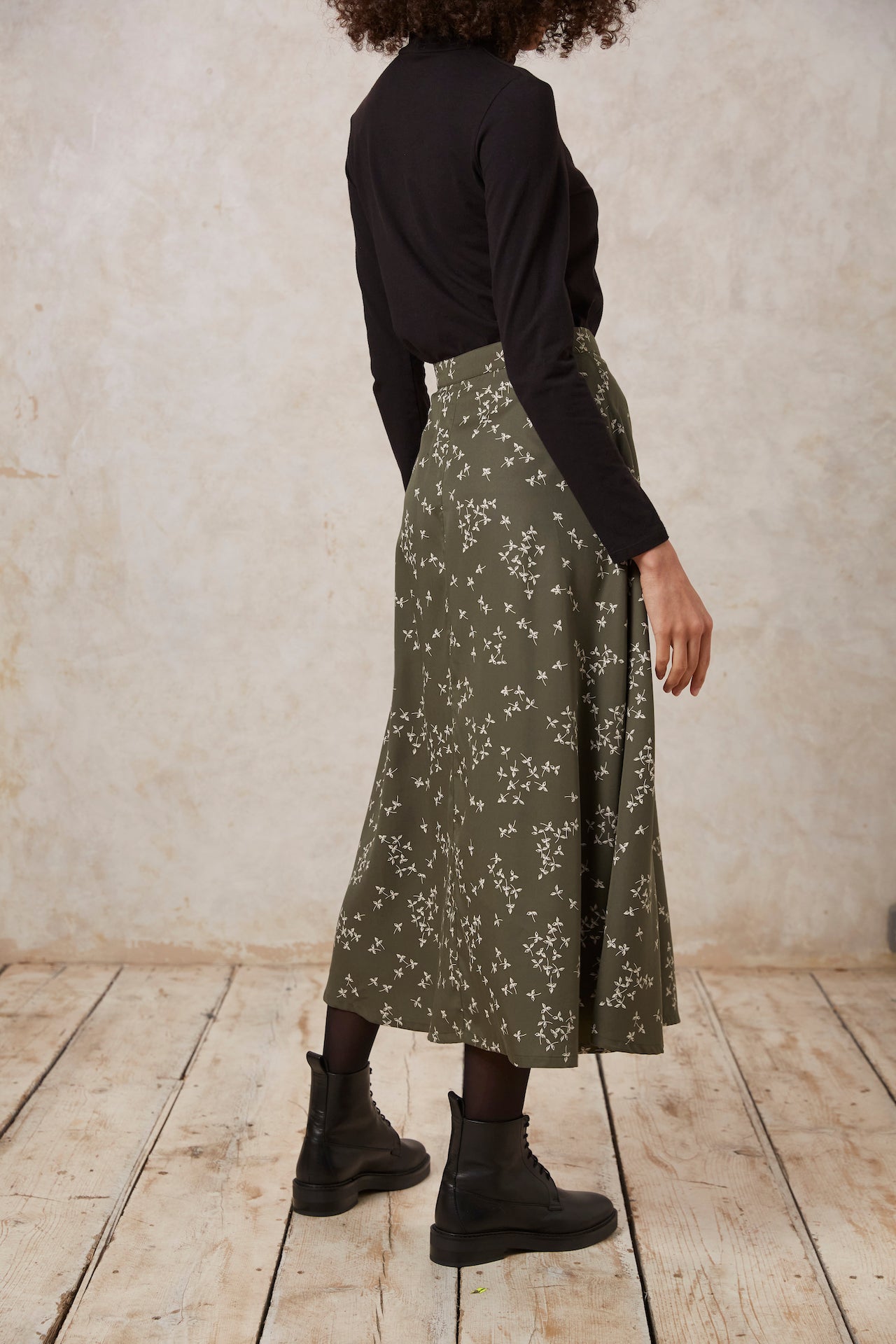 Jupe longue kaki à motifs en tencel - alison leaf skirt khaki