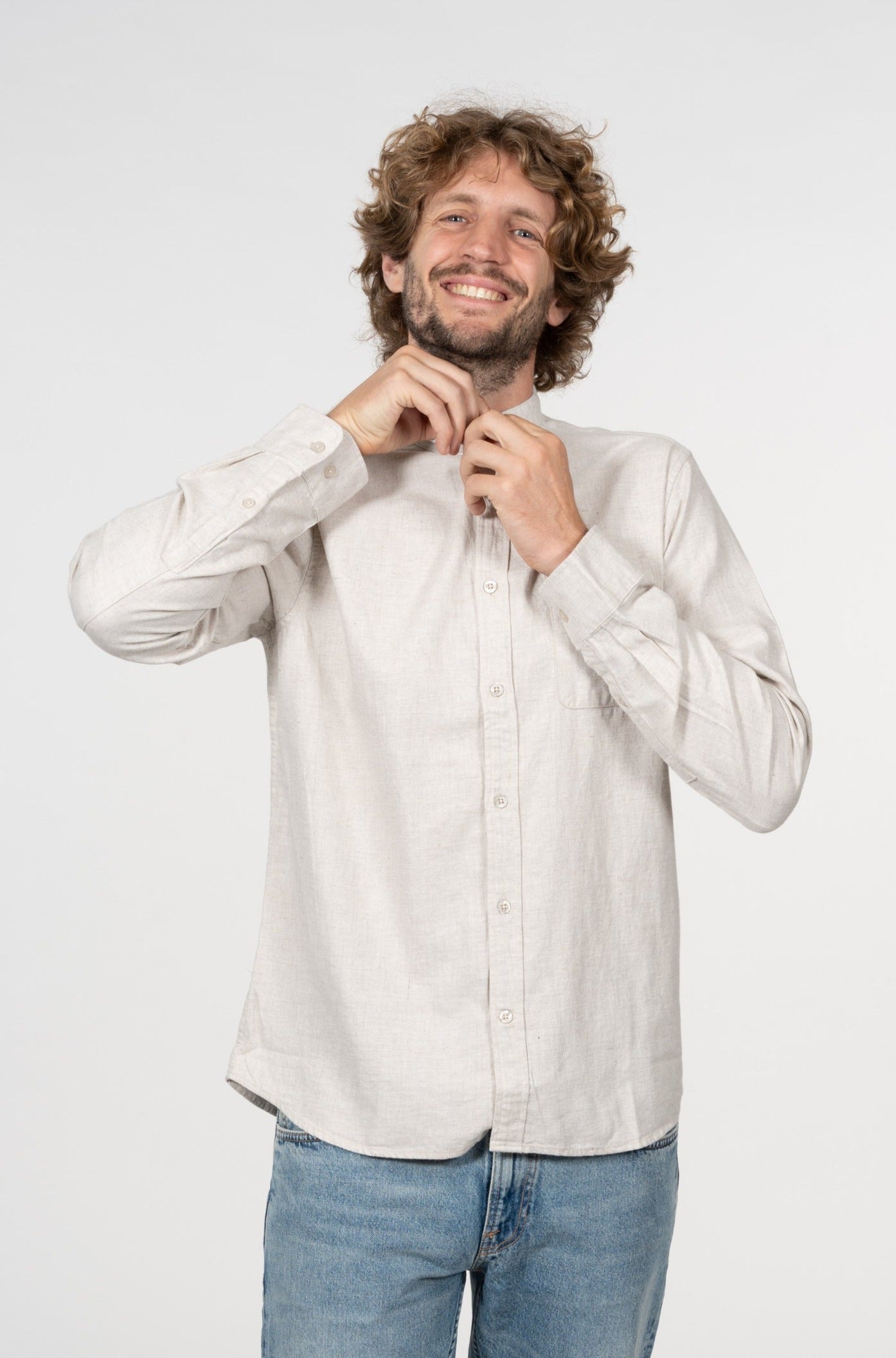 Chemise col officier flanelle beige en coton bio - flannel elder greige