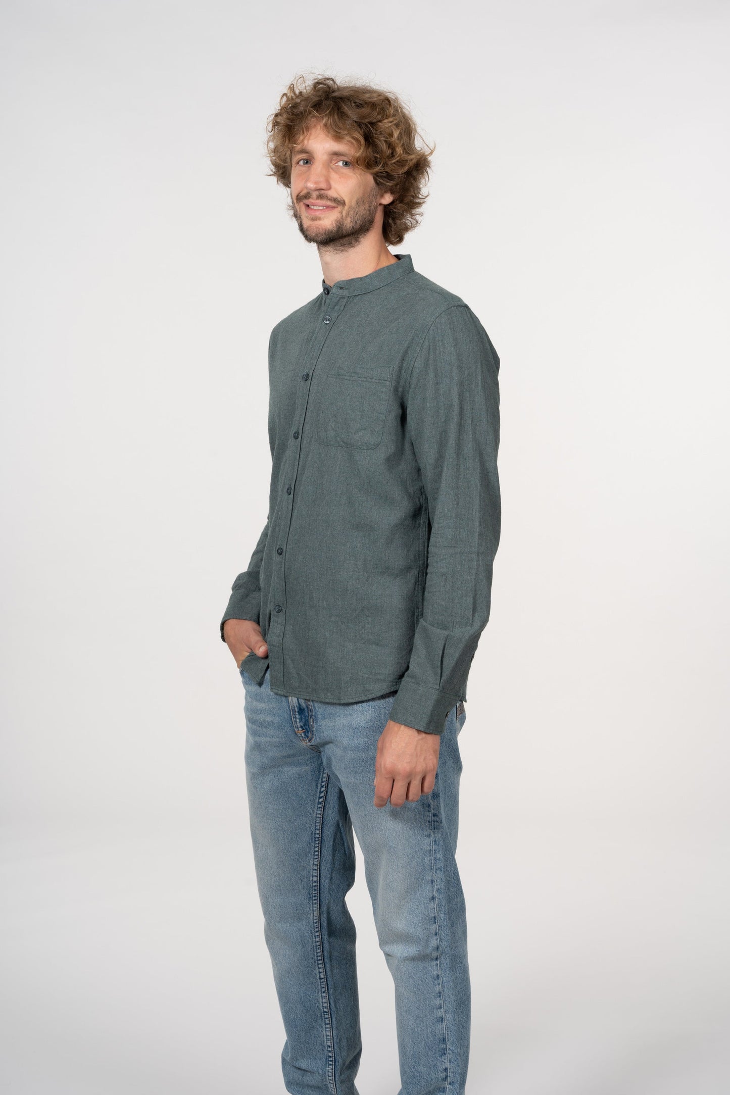 Chemise col officier flanelle vert en coton bio - flannel elder green forest