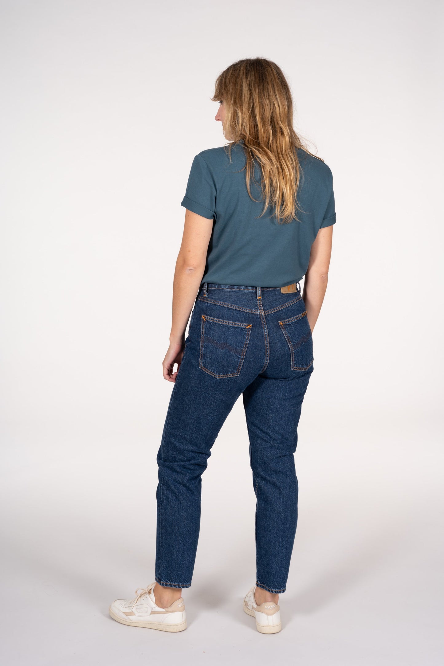 T-shirt brodé bleu canard en coton bio - Rose