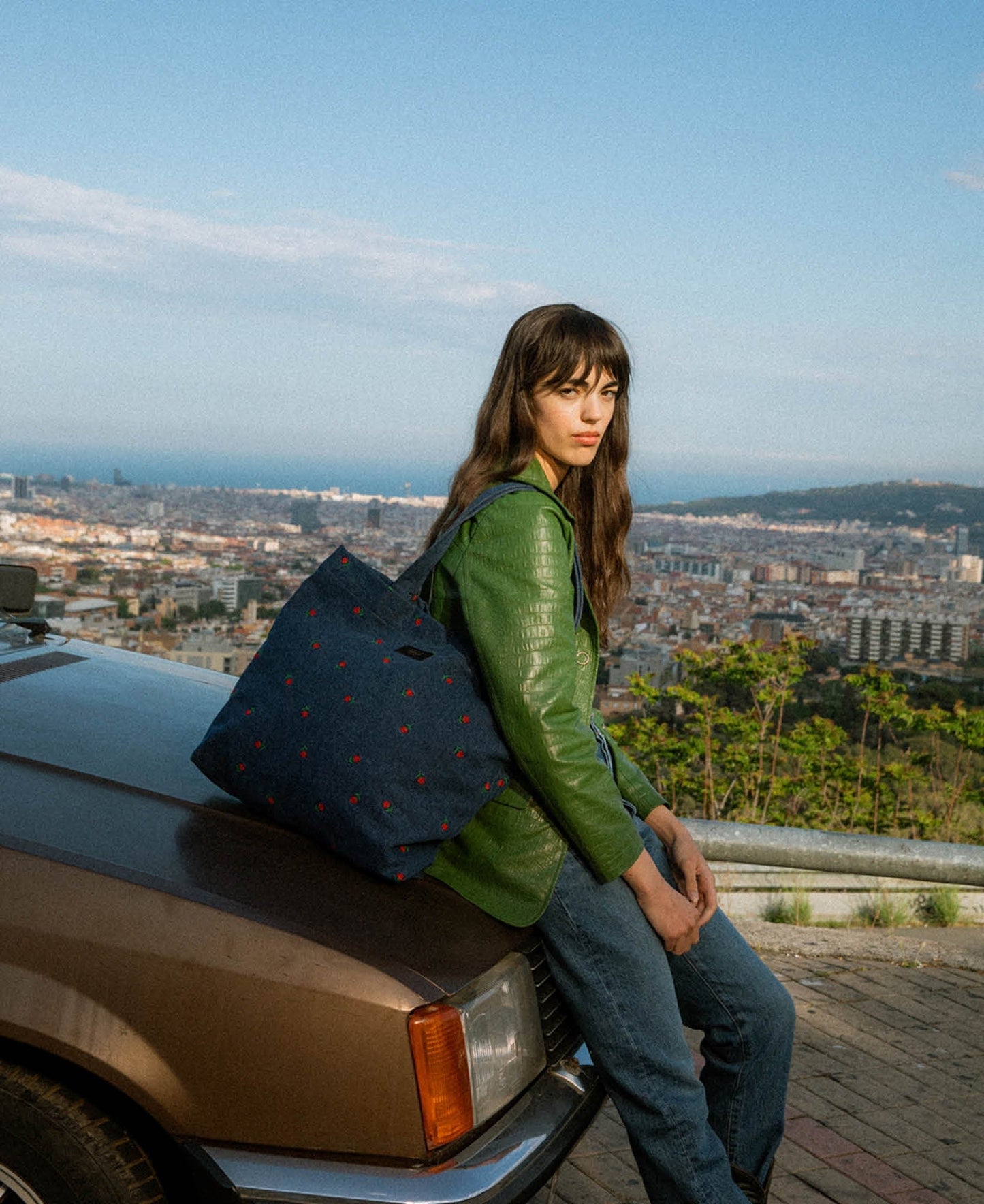Sac cabas denim en coton bio | bleu brodé "amy"