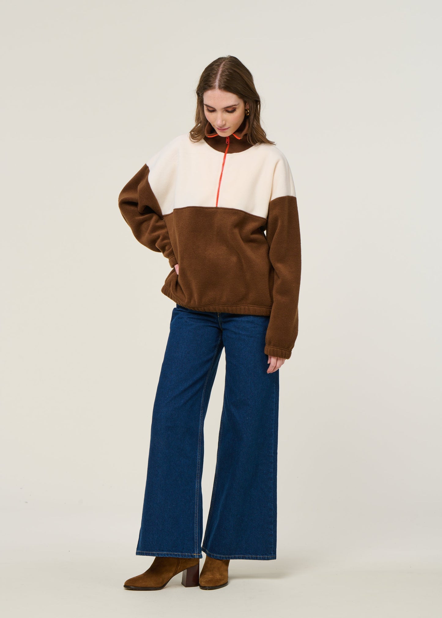 Sweat polaire en matière recyclée | écru/chocolat "sven"