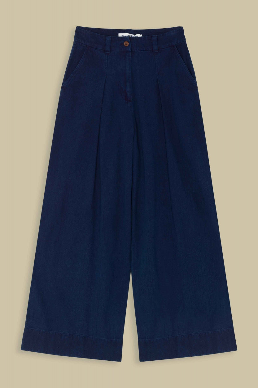 Pantalon ample en coton bio | Chevrons bleu indigo "rapunzel indigo herringbone"