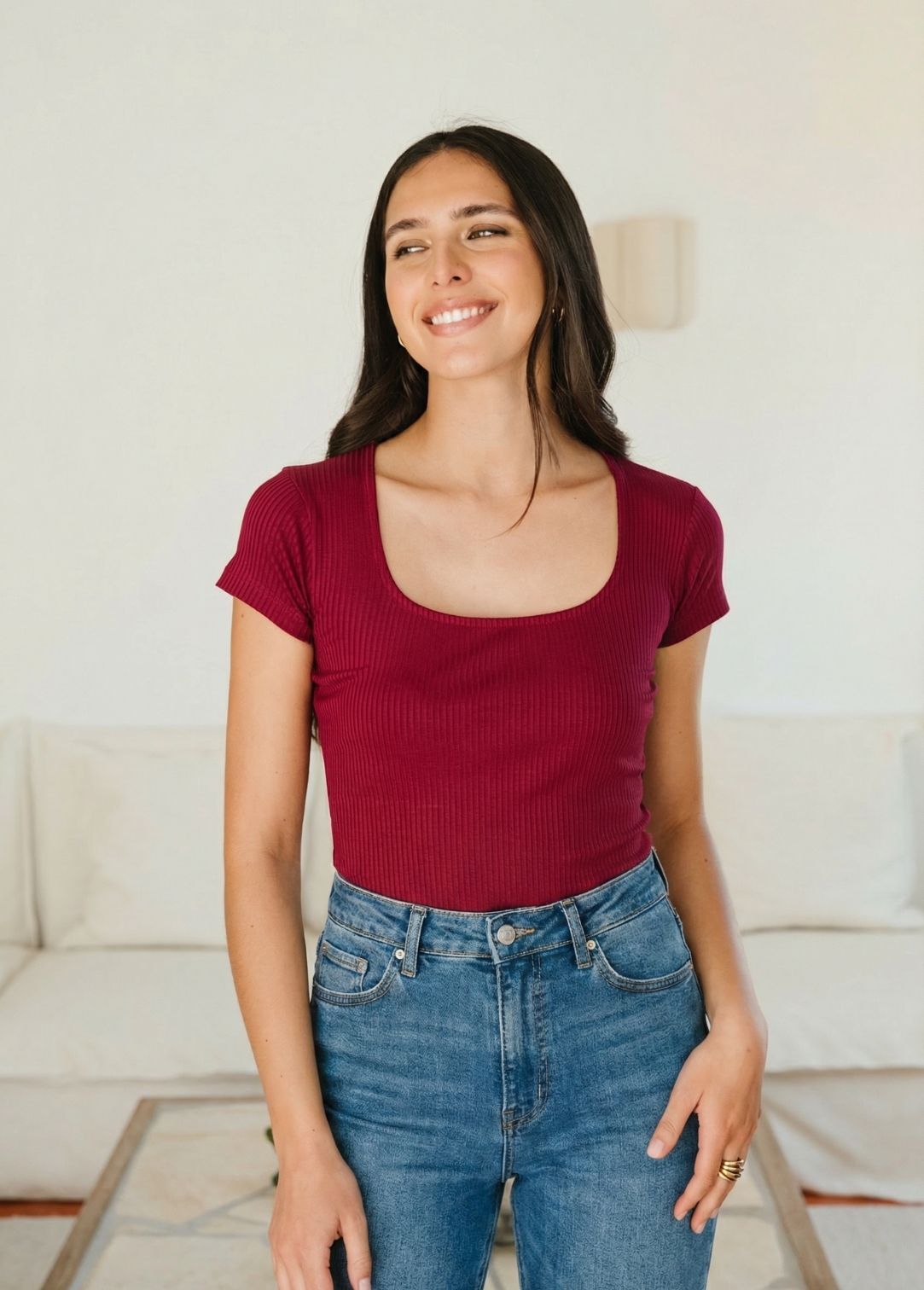 Tee-shirt col carré en Tencel côtelé "Nita" | framboise | Framboise