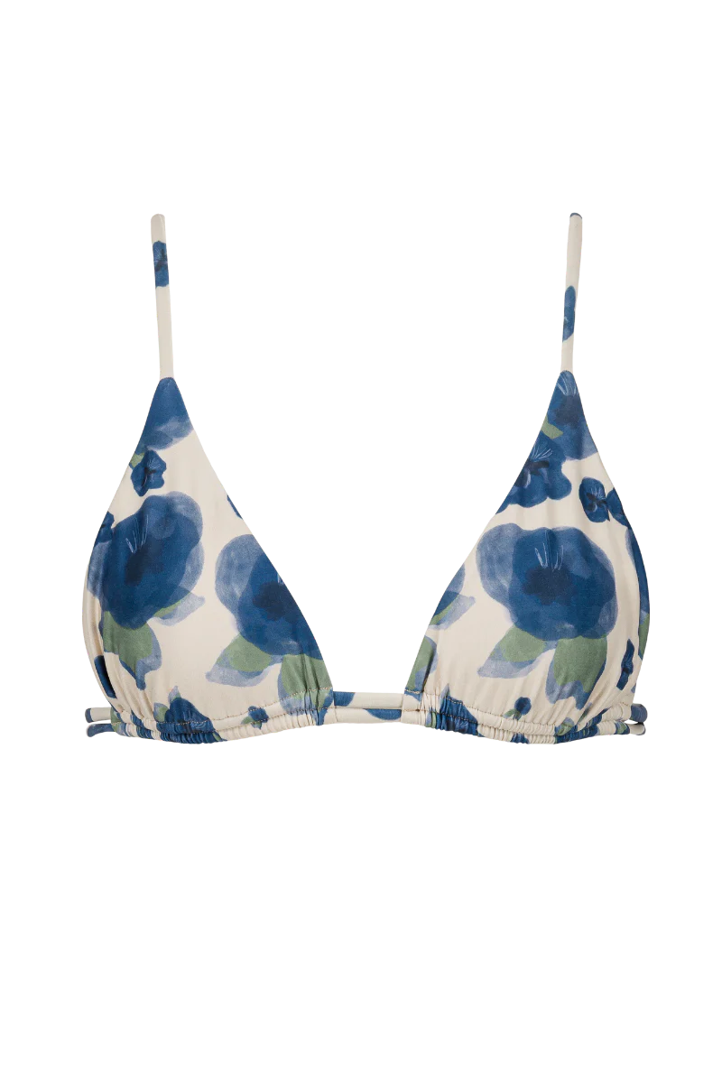 Haut de maillot triangle en polyamide recyclé | fleurs bleues " mélanie"