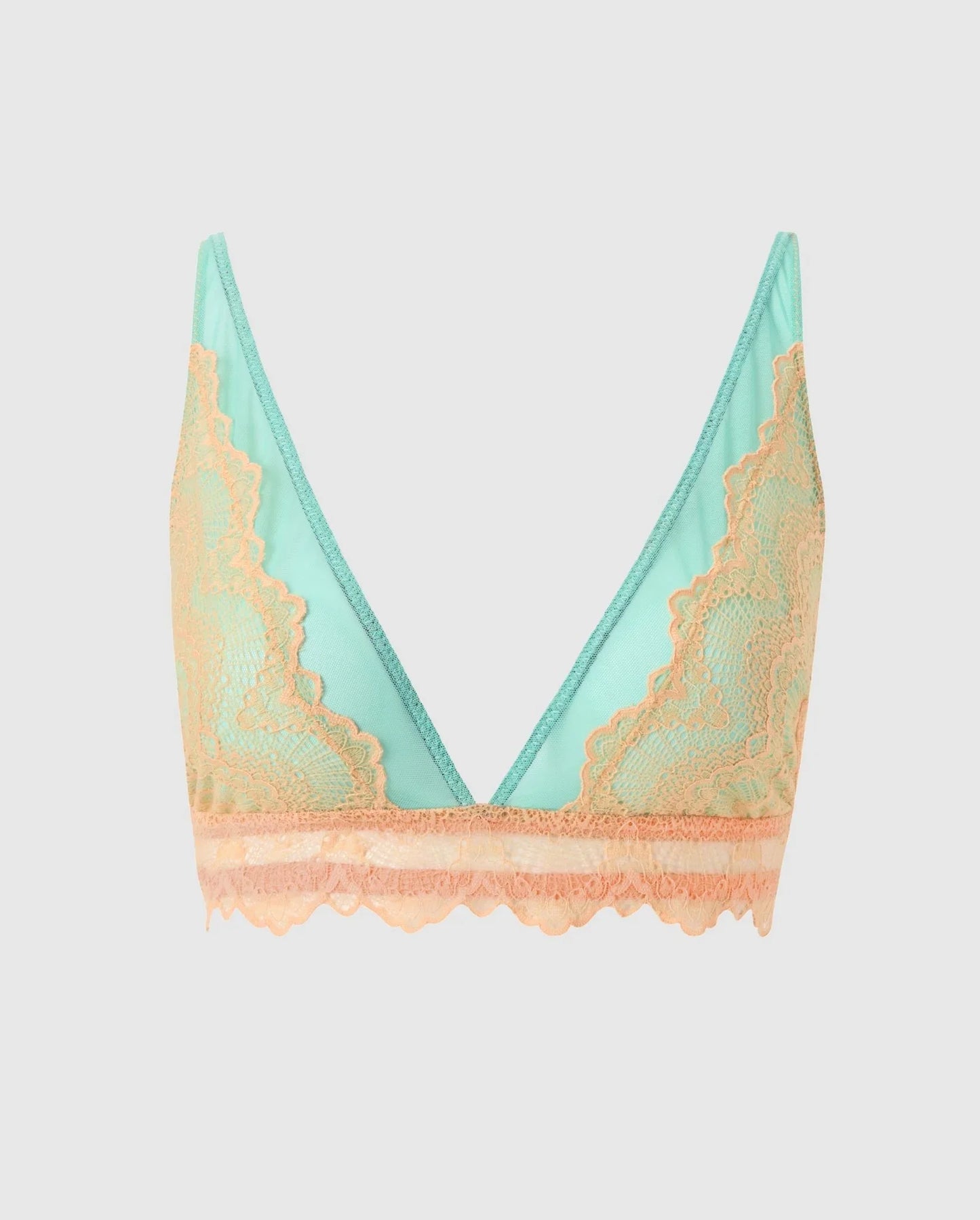 Soutien gorge triangle en matière recyclée | bicolore lace mesh plunge bralette - peach / turquoise