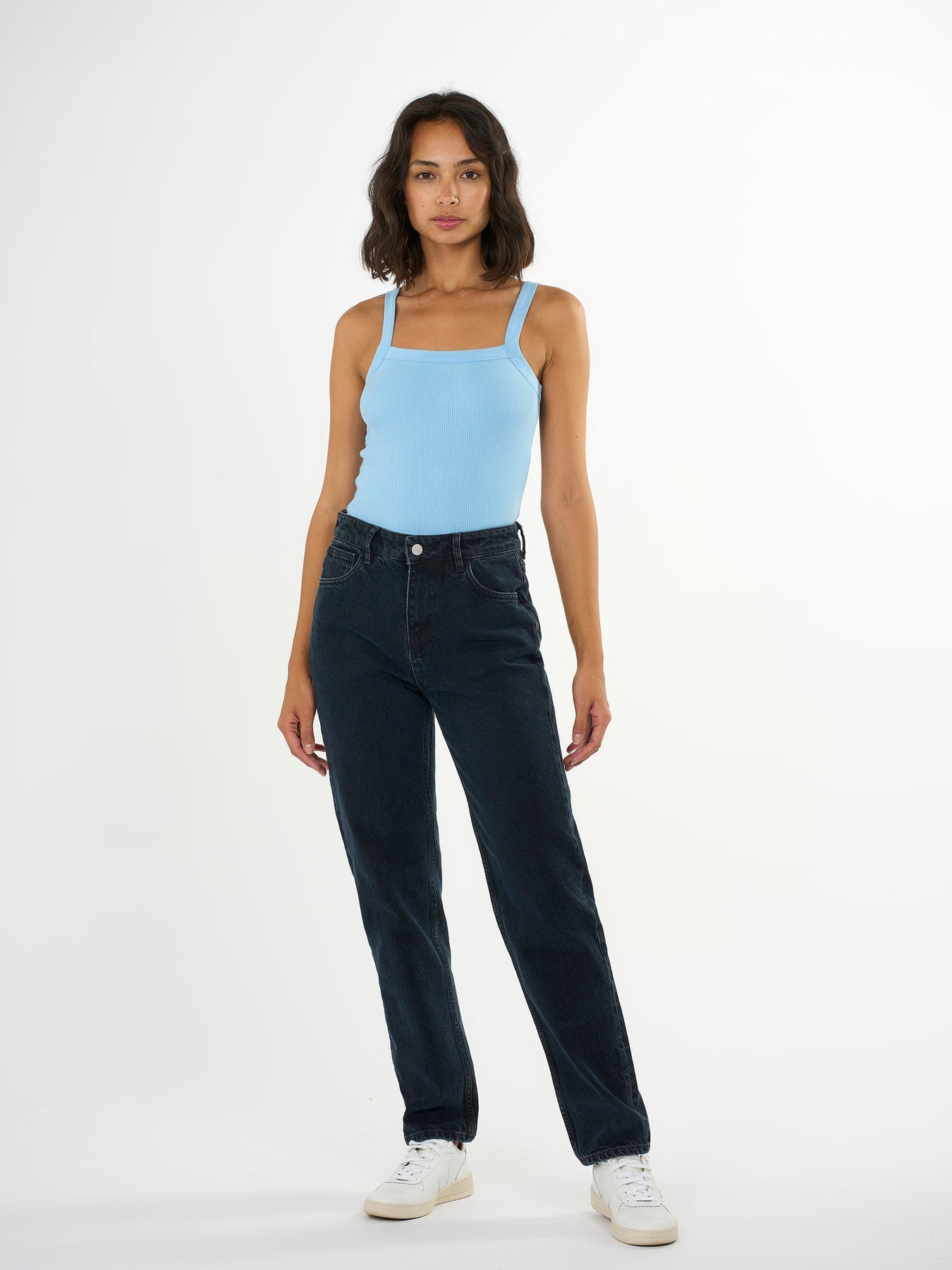 Top bleu ciel côtelé à bretelles en coton bio - rib strap top airy blue