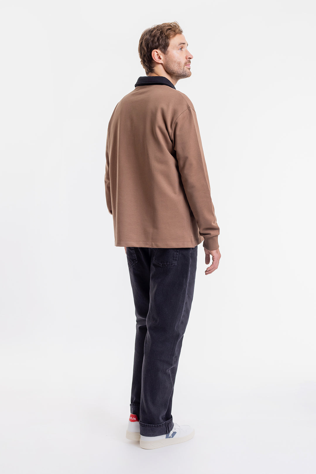 Polo épais manches longues bicolore en coton bio - heavy polo jersey-chestnut/black