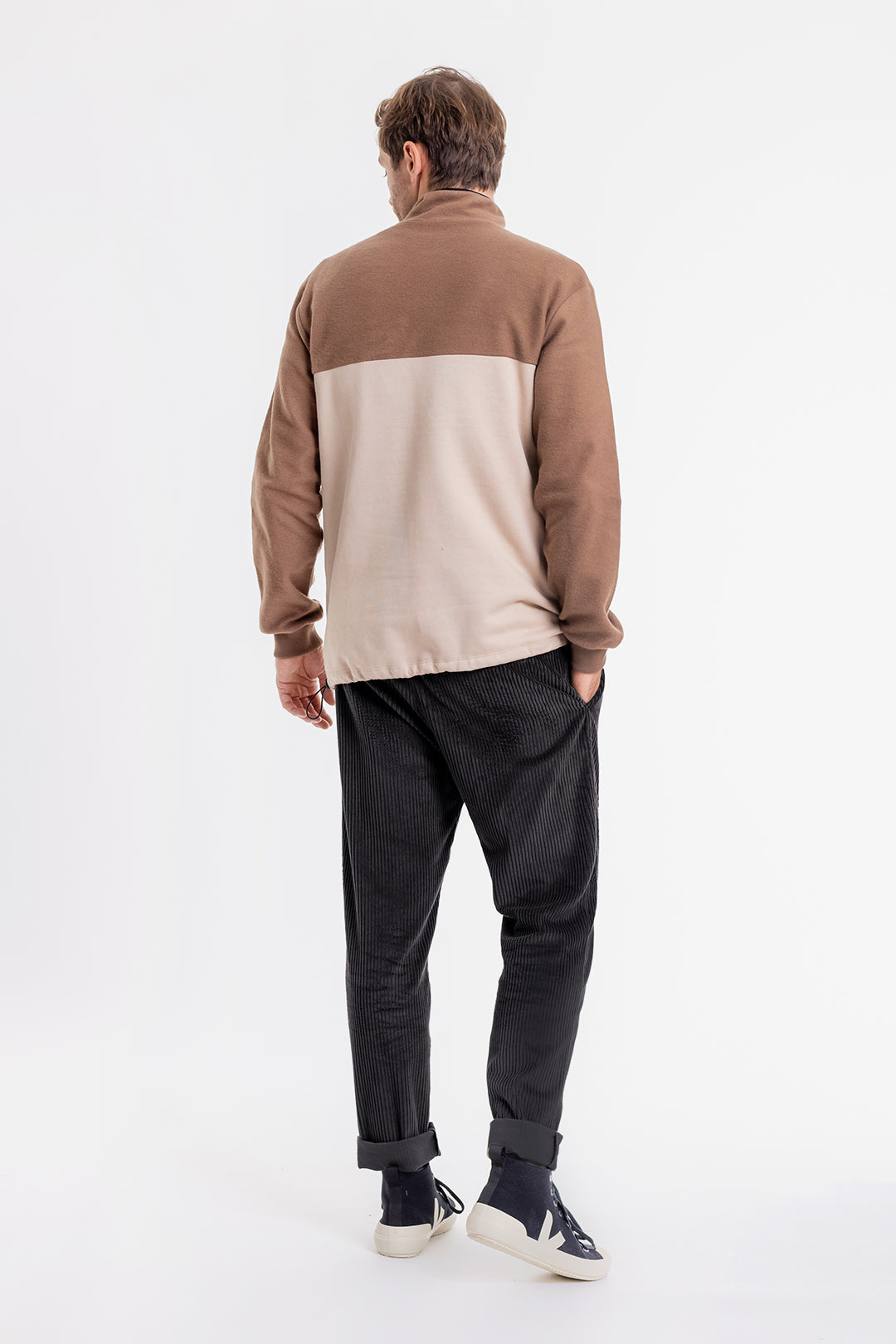 Sweat marron et beige en coton bio - divided half zip sweatshirt oatmeal/chestnut