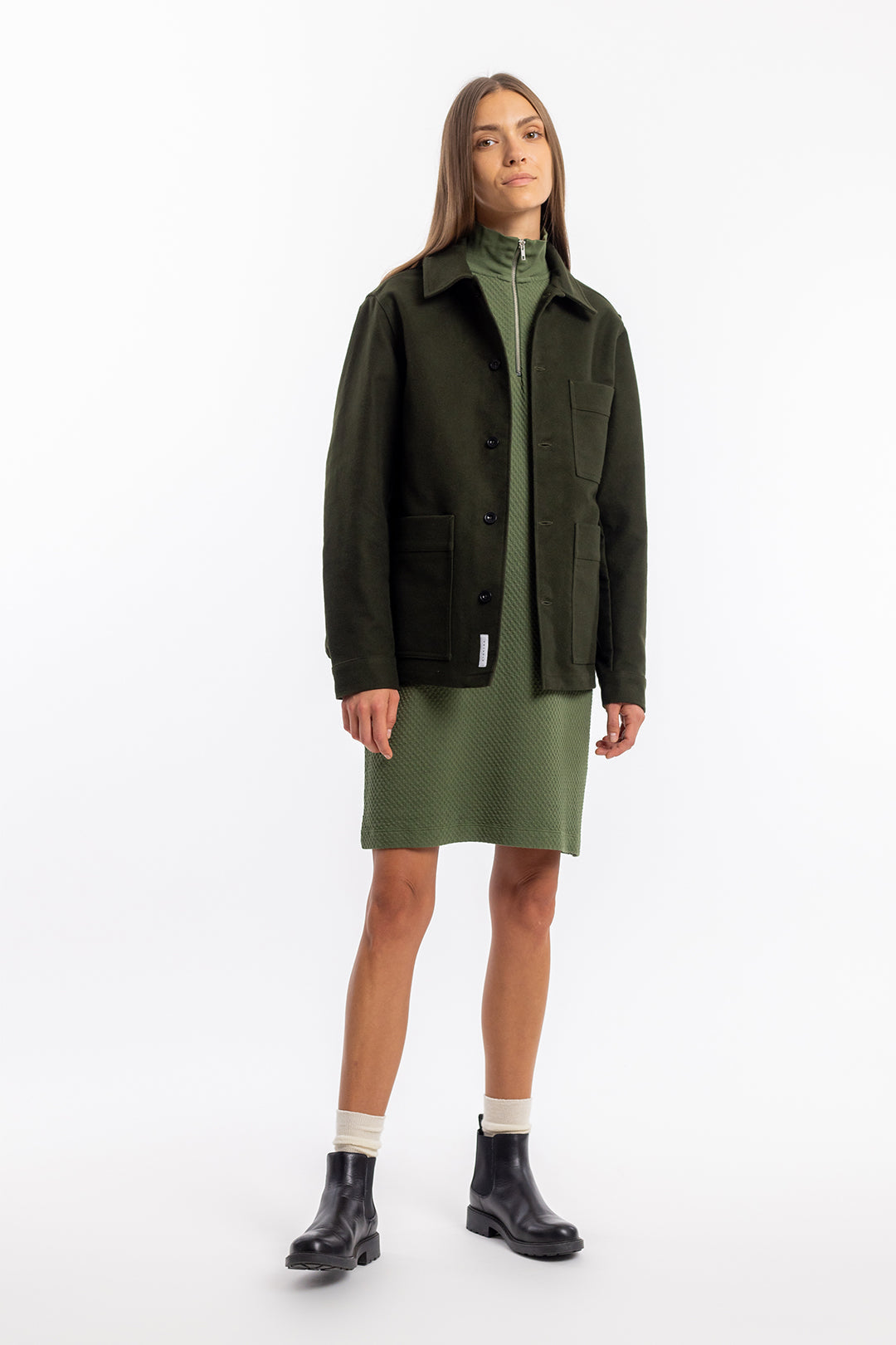 robe pull zippé en coton bio | vert "half zip waffle dress forest green"