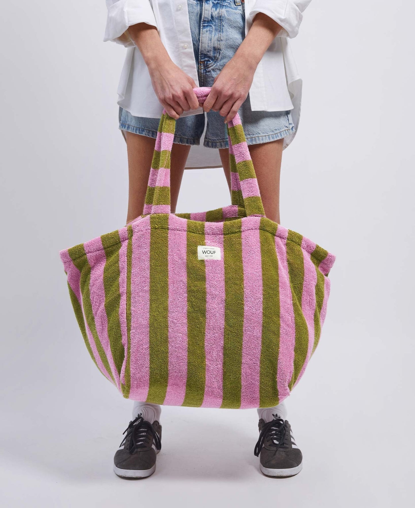 Tote bag en coton bio | Rayé rose et vert "menorca large tote bag rayures"