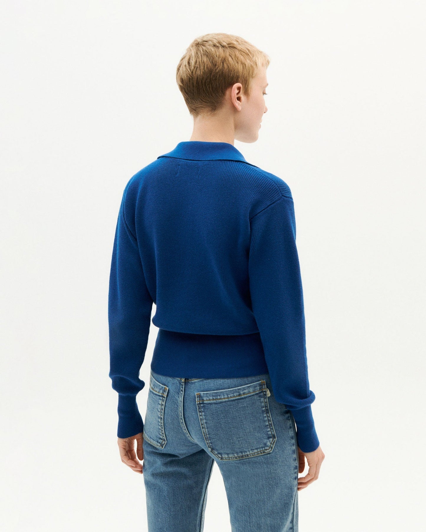 Pull col v marine en coton bio - sara knit sweatshirt navy