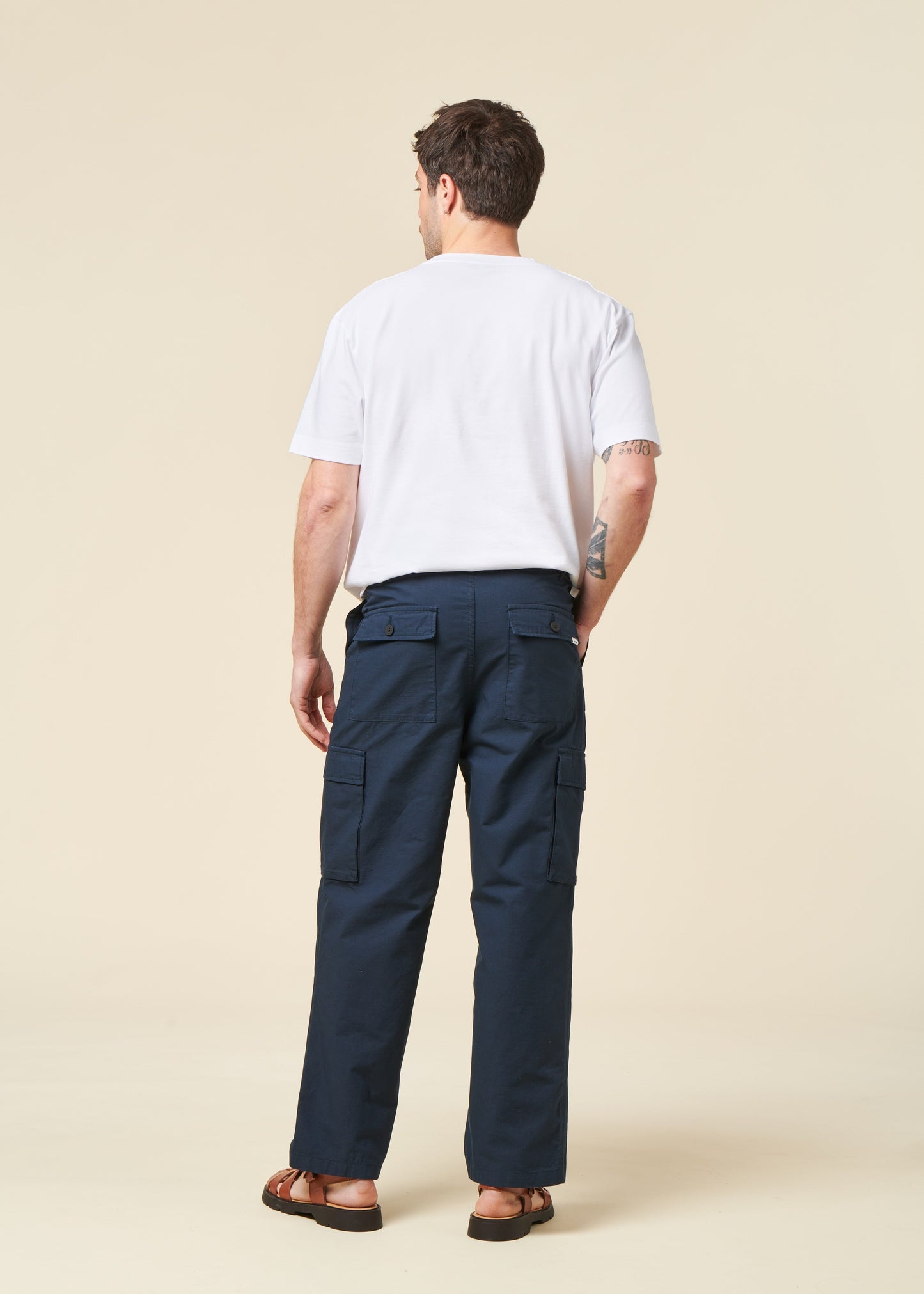 Pantalon droit cargo en coton bio | marine "Flint wide slub yarn pants total eclipse"
