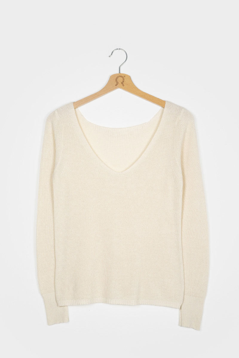Pull col v réversible en soie recyclée | écru "maglia donna seta rigenerata giselle"