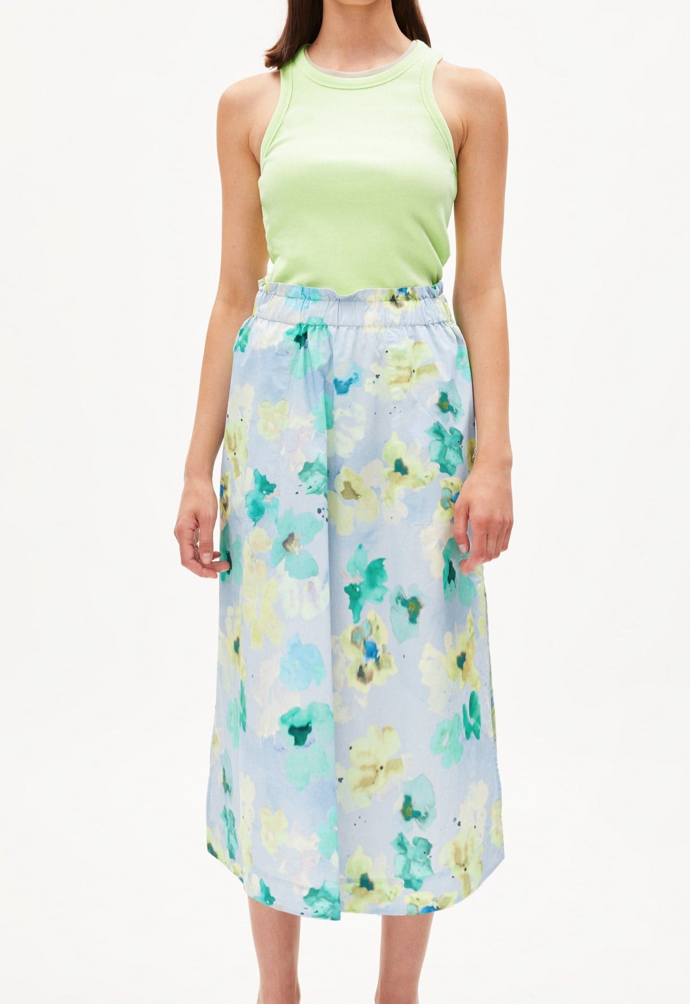 Jupe longue bleue ciel à motifs floraux en coton bio - aaimemi aqua floral morning sky