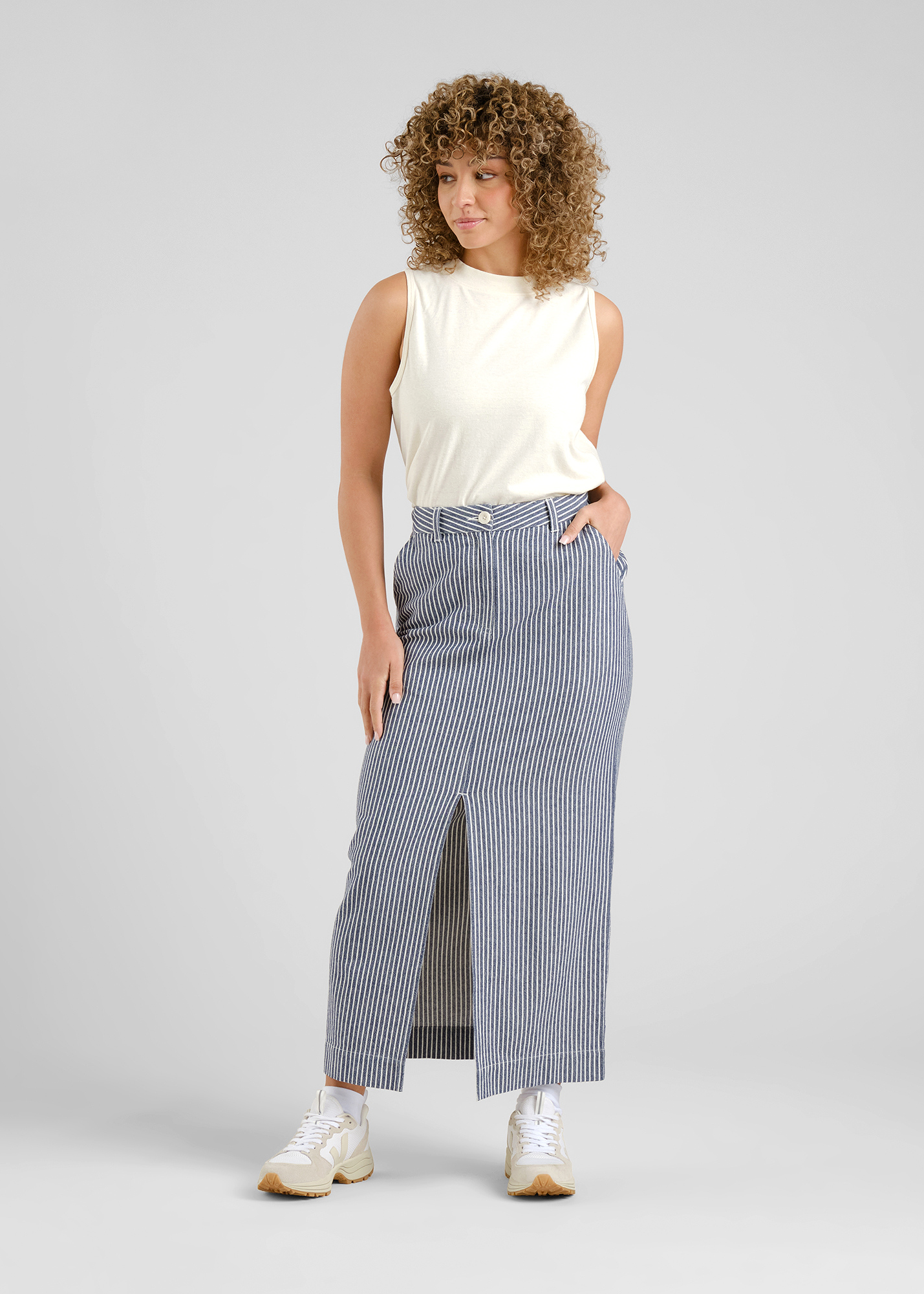 Jupe longue denim en coton bio | rayé "Skirt finsta work stripe blue" | Blue