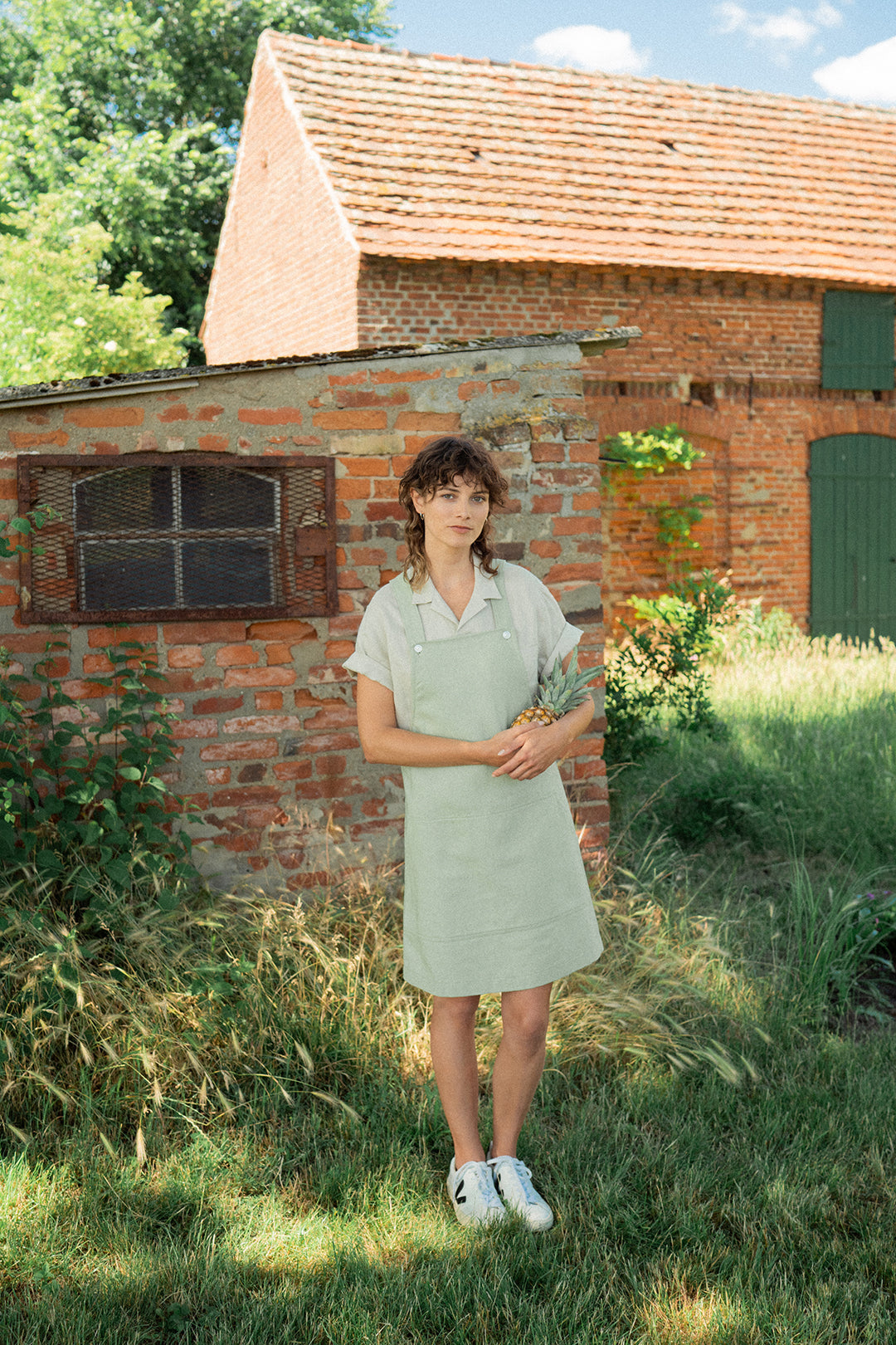 Robe salopette verte en coton bio - dungaree dress green check