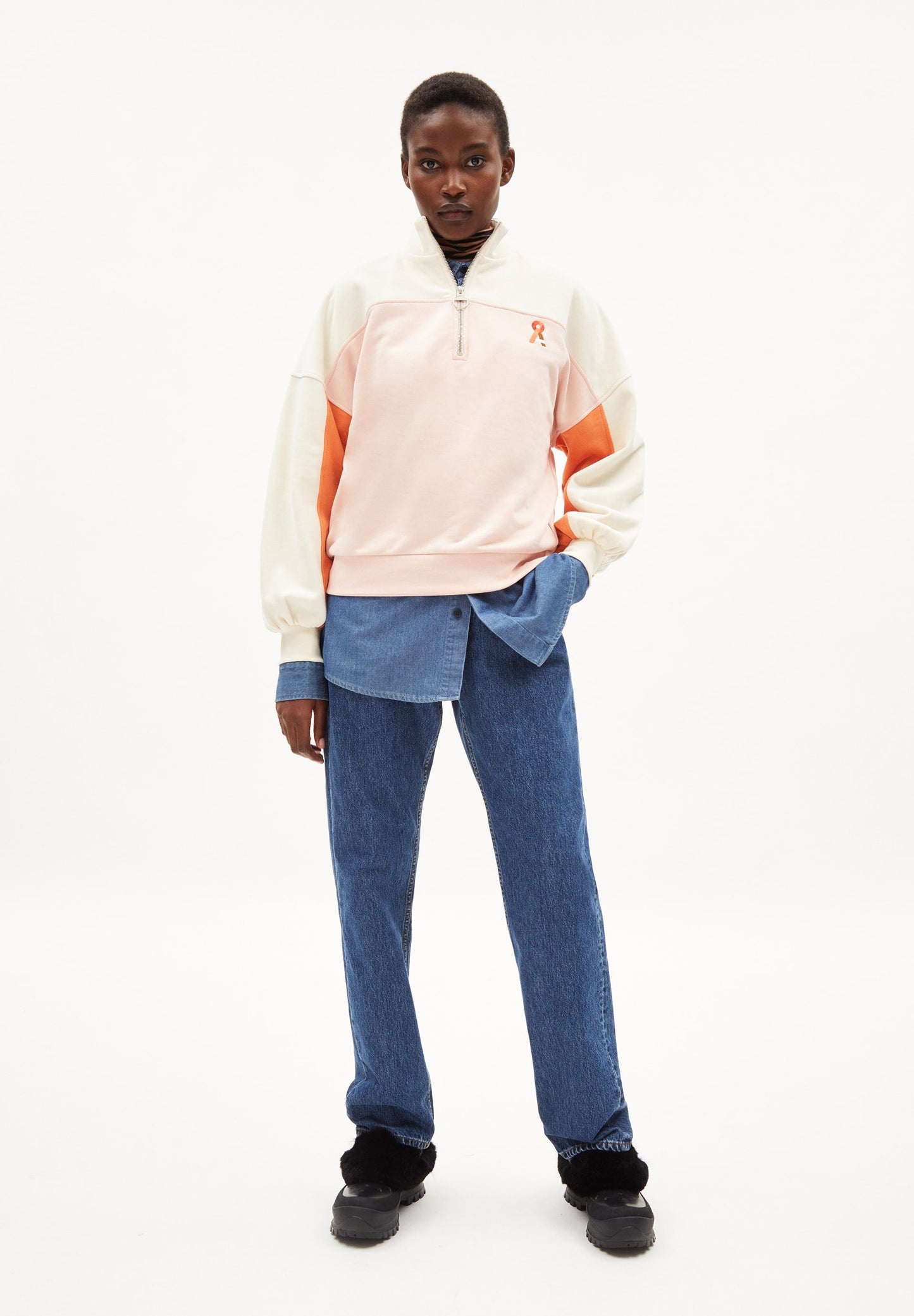 Sweat col zippé multicolore en coton bio - eminaa color block rose quartz-light burnt