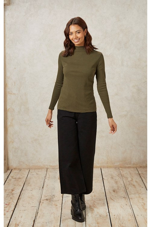 Col roulé kaki en coton bio - hiral rib turtleneck top khaki
