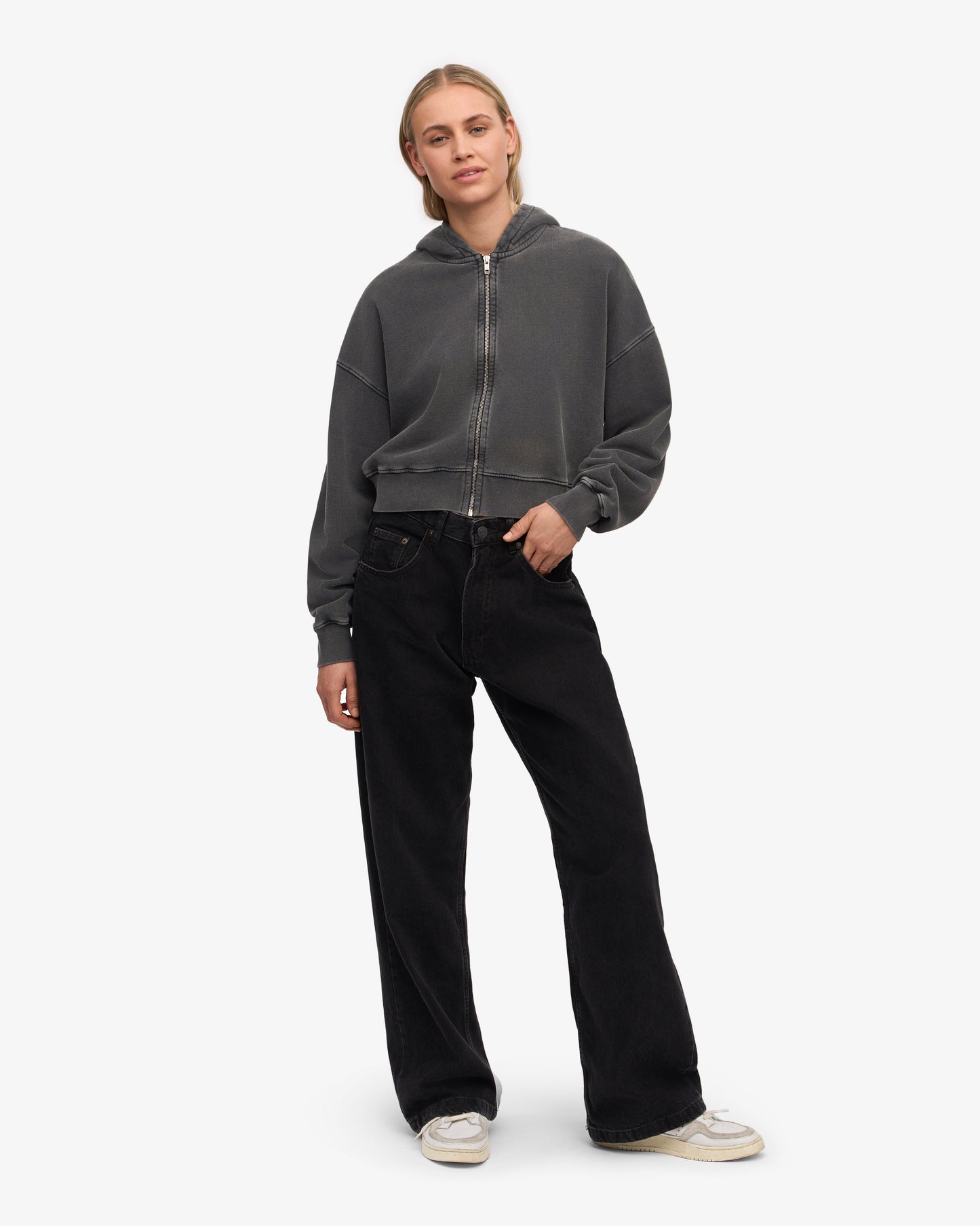 Sweat crop zippé en coton bio | organic crop zip hood - faded black