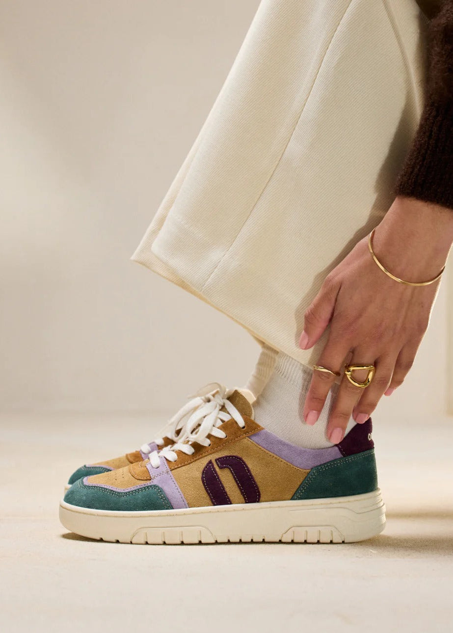 Baskets basse en cuir certifié LWG | multicolore "baskets basses nora - vert-lilas-beige"